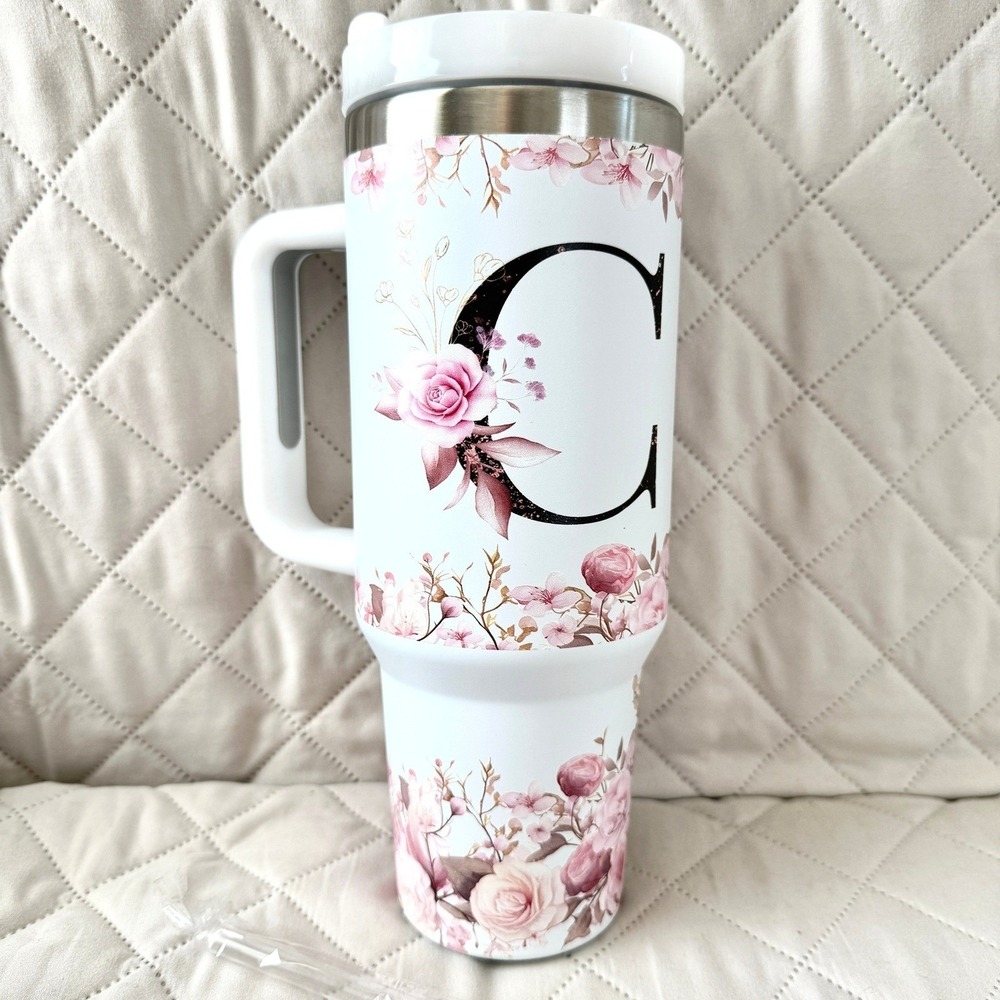 40oz Initial Letter "C" Stainless Steel Insulated Tumbler Floral Monogram C